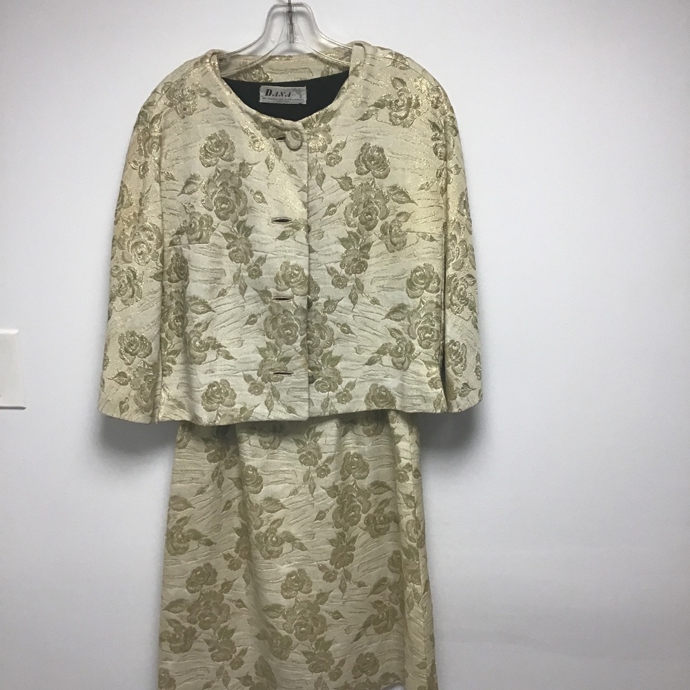 DANA custom brocade 2 piece dress and jacket.  1950s gold green floral metallic